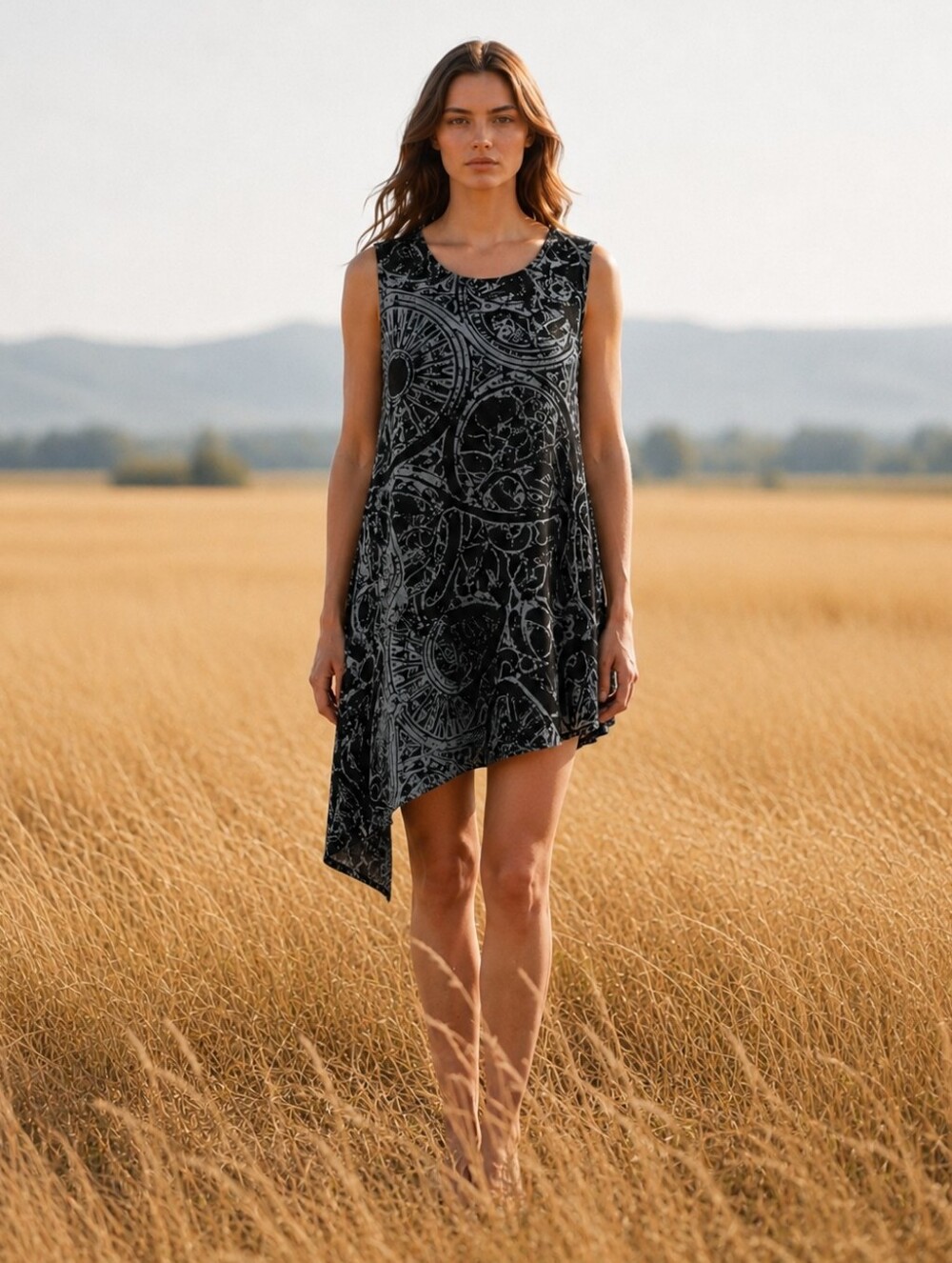 Bryn Walker Asymmetrical Dress, Black Gray Abstract Print, Artsy Lagenlook Tunic
